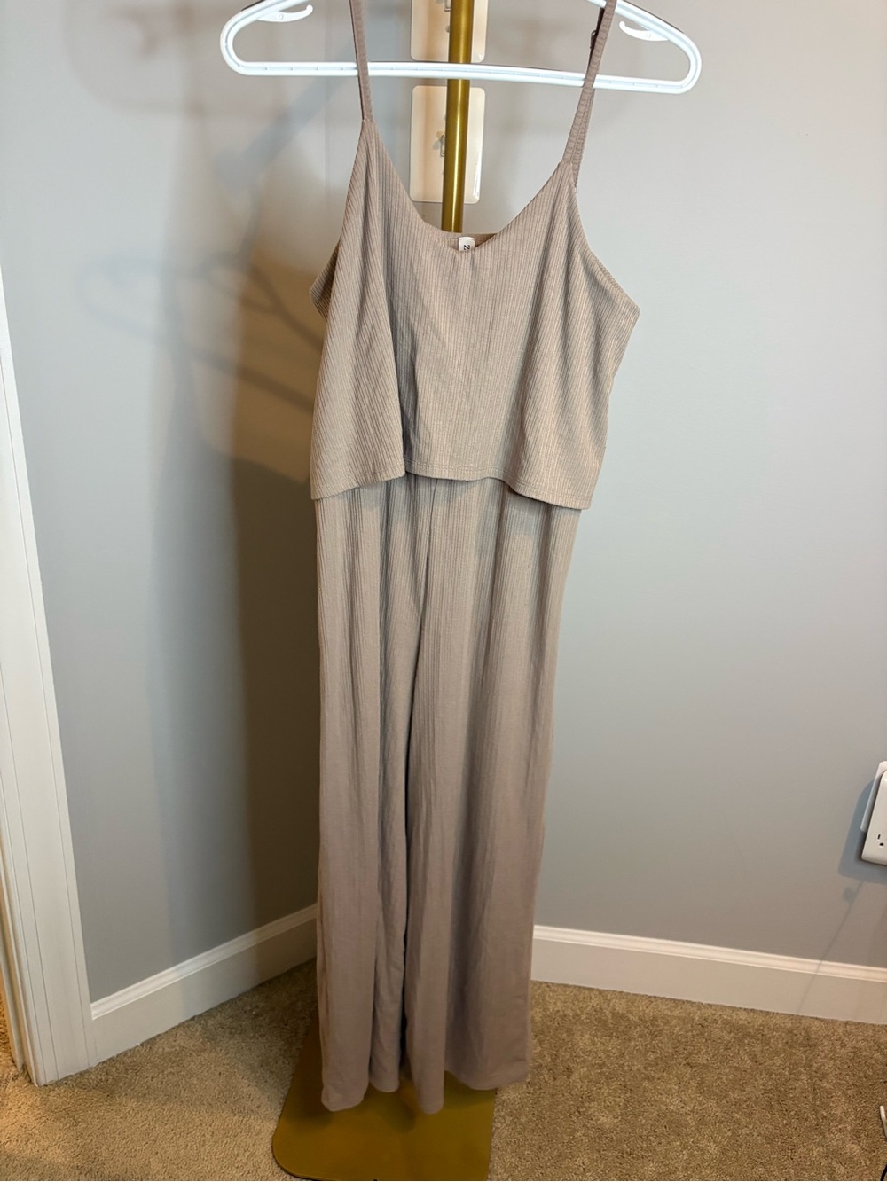 Zenana Outfitters Taupe Wide-Leg Spaghetti Strap Jumpsuit